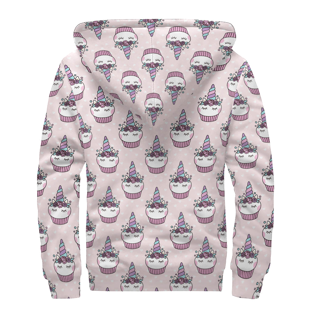 Unicorn Cupcake Pattern Print Sherpa Lined Zip Up Hoodie