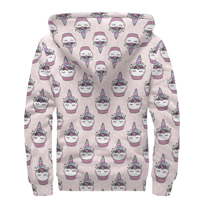 Unicorn Cupcake Pattern Print Sherpa Lined Zip Up Hoodie