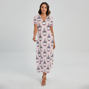 Unicorn Cupcake Pattern Print Short Sleeve Maxi Dress