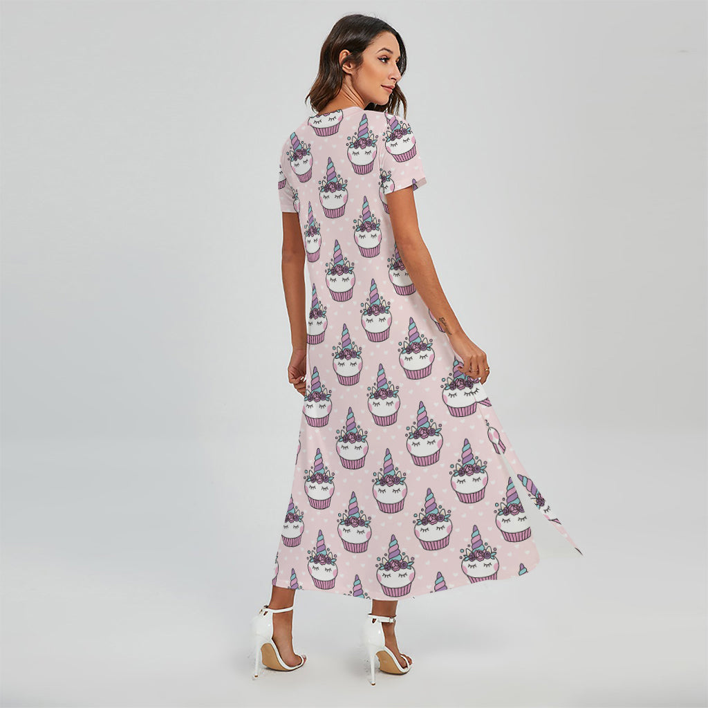 Unicorn Cupcake Pattern Print Short Sleeve Maxi Dress