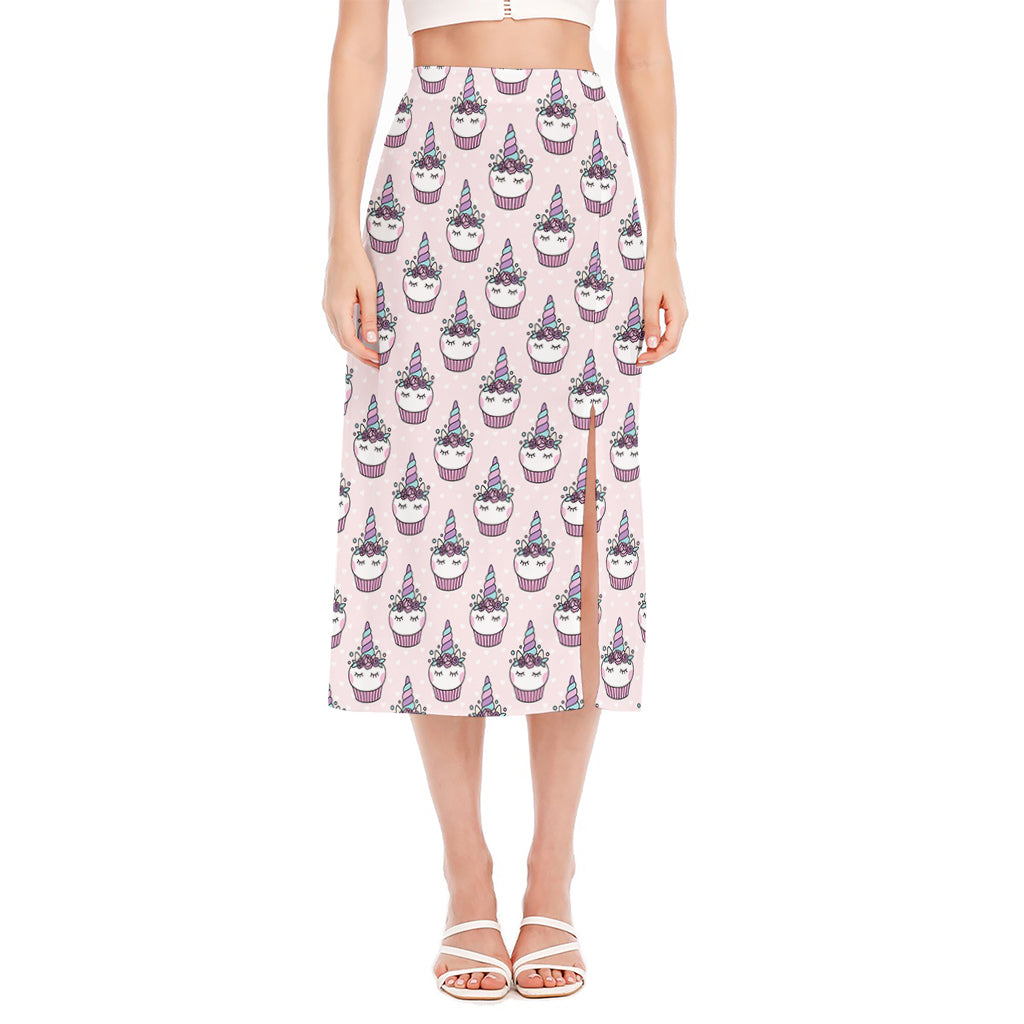 Unicorn Cupcake Pattern Print Side Slit Midi Skirt