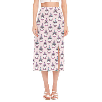 Unicorn Cupcake Pattern Print Side Slit Midi Skirt