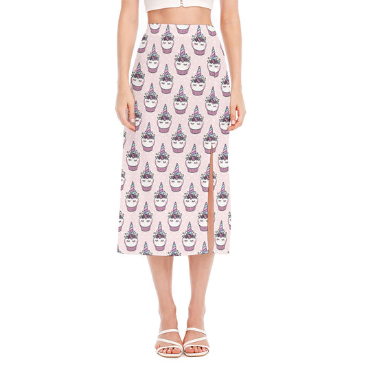 Unicorn Cupcake Pattern Print Side Slit Midi Skirt