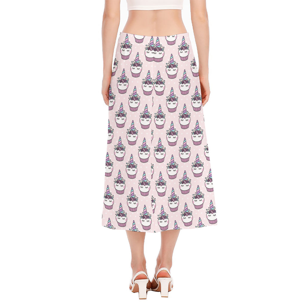 Unicorn Cupcake Pattern Print Side Slit Midi Skirt