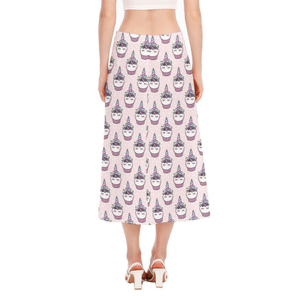 Unicorn Cupcake Pattern Print Side Slit Midi Skirt