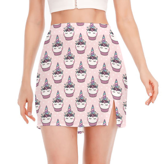 Unicorn Cupcake Pattern Print Side Slit Mini Skirt
