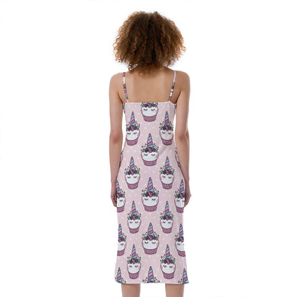 Unicorn Cupcake Pattern Print Slim Fit Midi Cami Dress