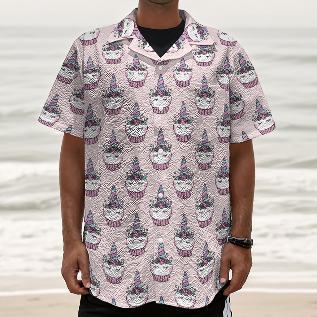 Unicorn Cupcake Pattern Print Textured Short Sleeve Shirt