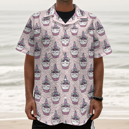 Unicorn Cupcake Pattern Print Textured Short Sleeve Shirt
