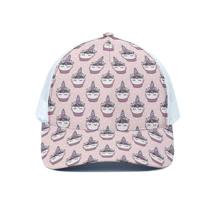 Unicorn Cupcake Pattern Print White Mesh Trucker Cap