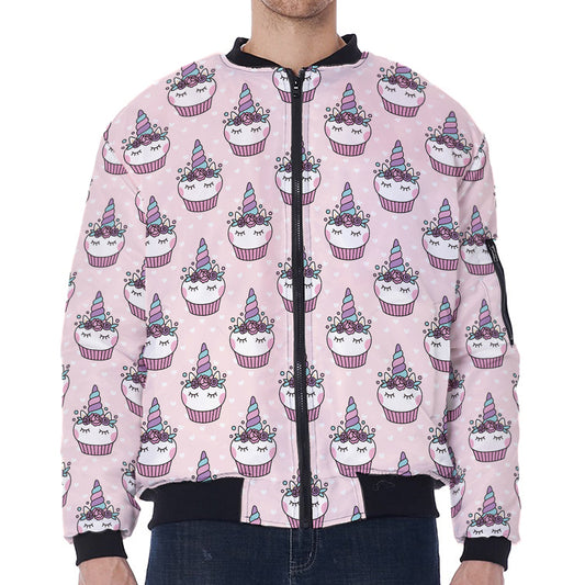 Unicorn Cupcake Pattern Print Zip Sleeve Bomber Jacket