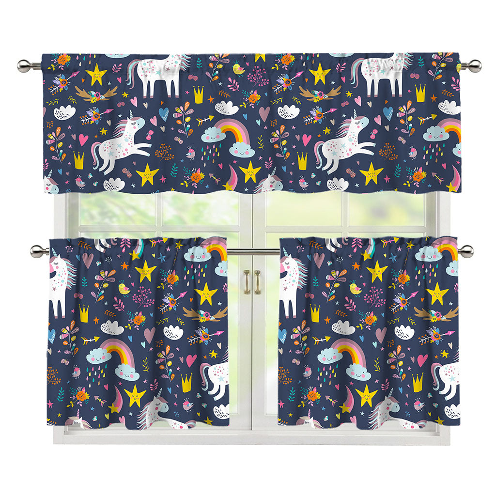 Unicorn Dream Cartoon Pattern Print 3 Piece Kitchen Curtains