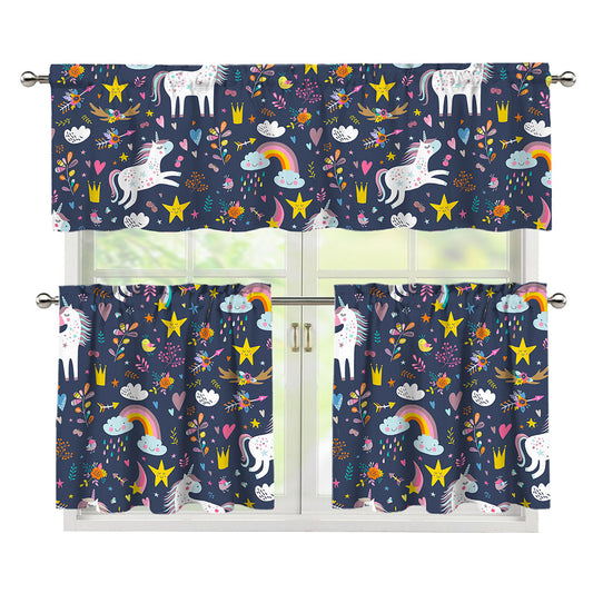 Unicorn Dream Cartoon Pattern Print 3 Piece Kitchen Curtains