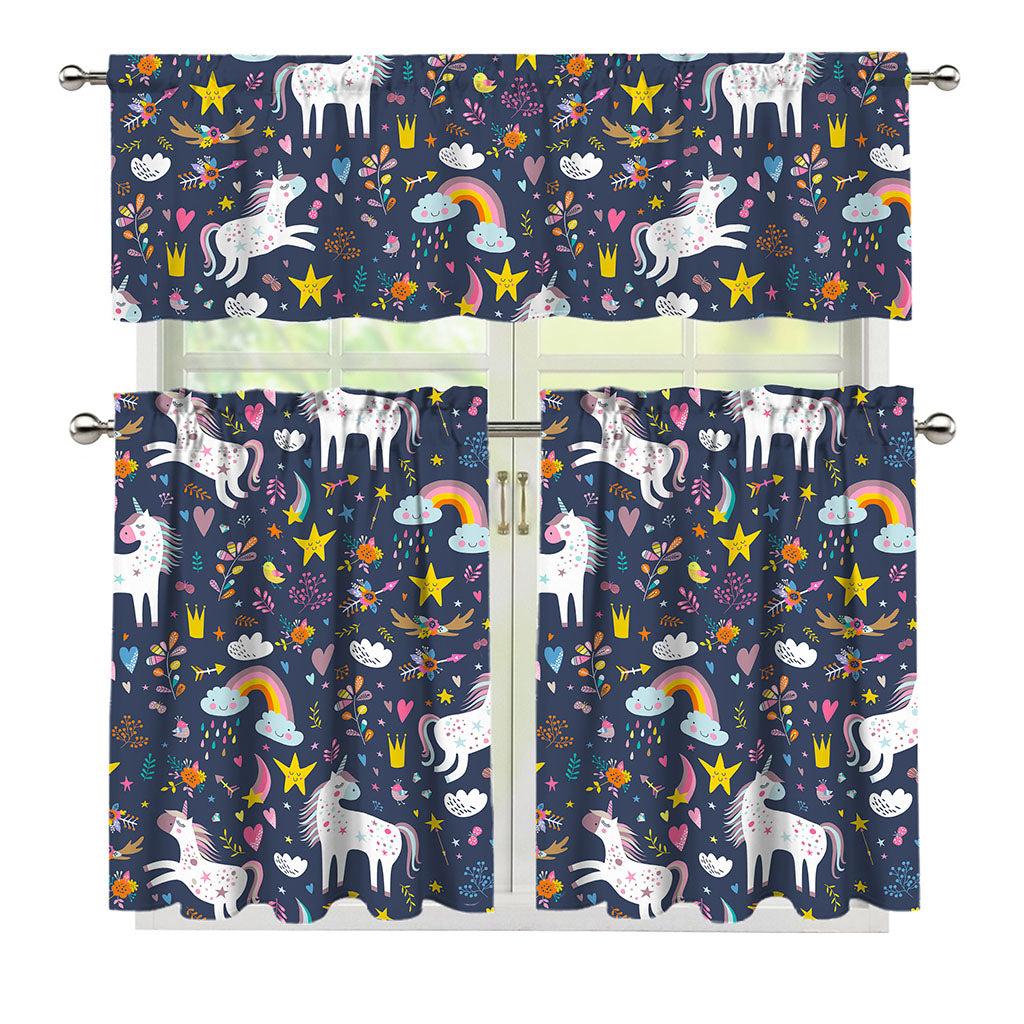 Unicorn Dream Cartoon Pattern Print 3 Piece Kitchen Curtains
