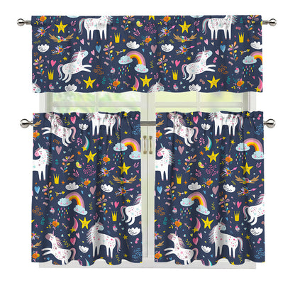 Unicorn Dream Cartoon Pattern Print 3 Piece Kitchen Curtains