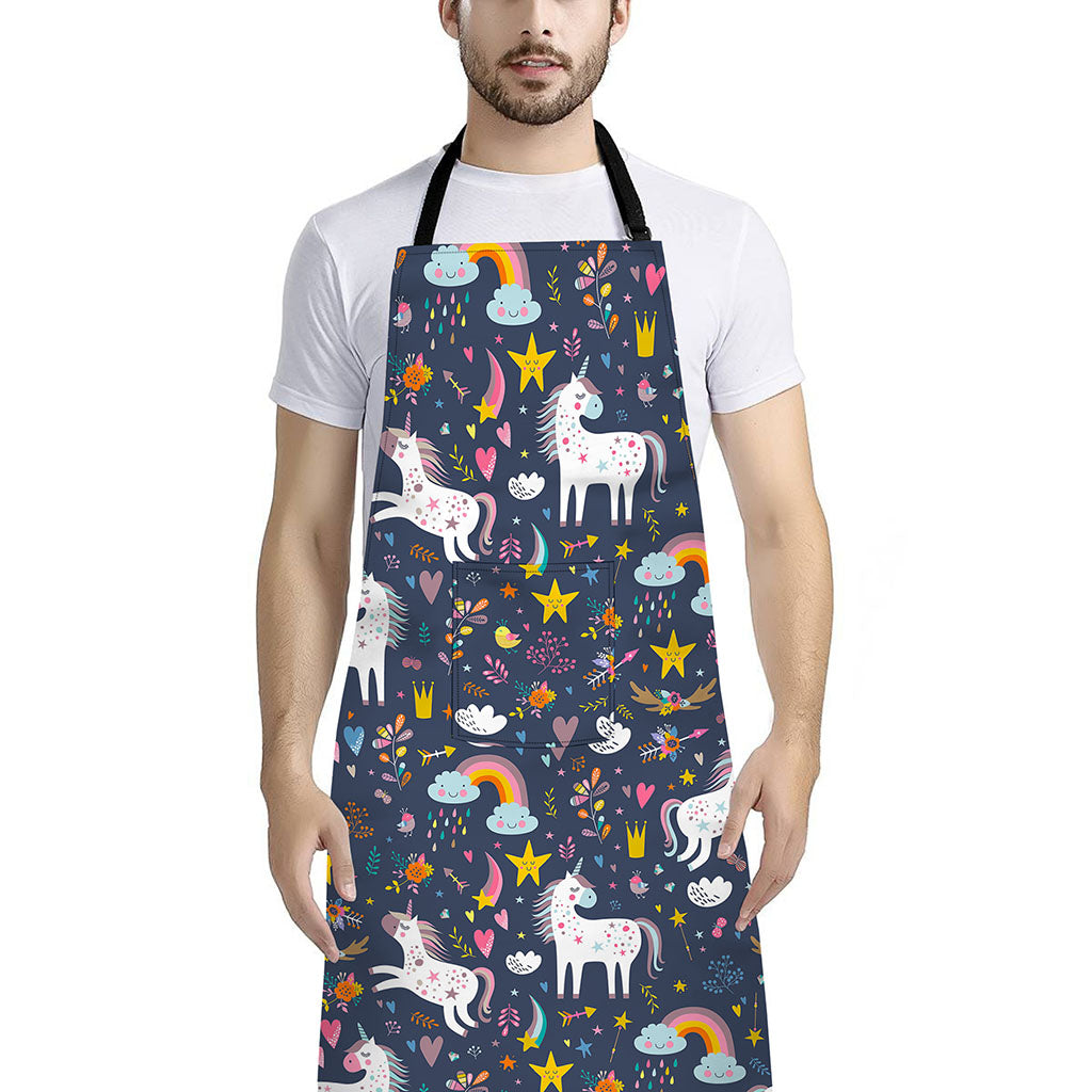 Unicorn Dream Cartoon Pattern Print Bib Apron With Pocket