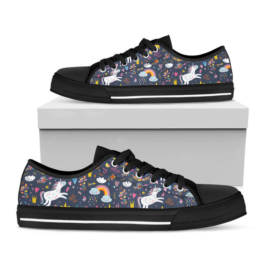 Unicorn Dream Cartoon Pattern Print Black Low Top Sneakers