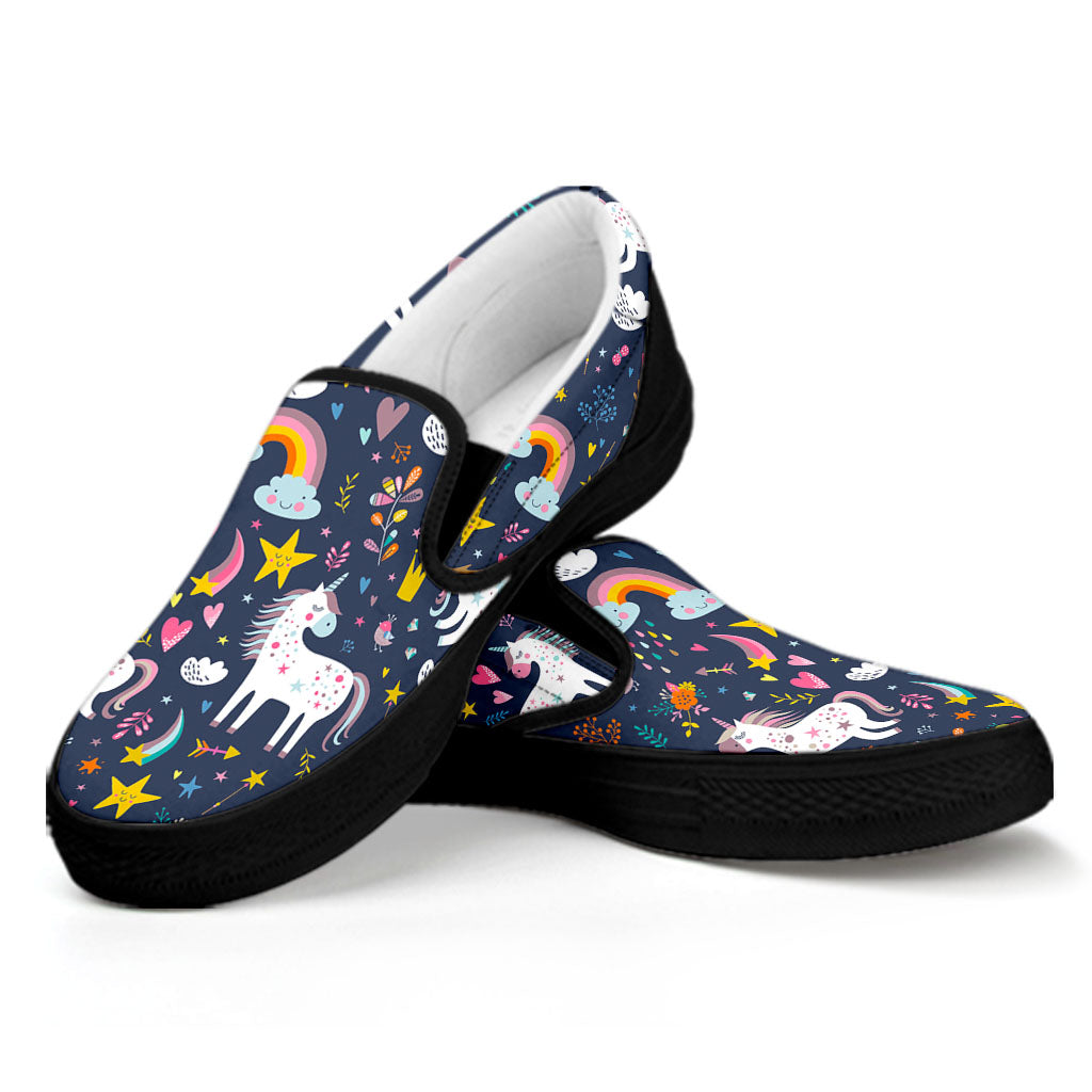 Unicorn Dream Cartoon Pattern Print Black Slip On Sneakers