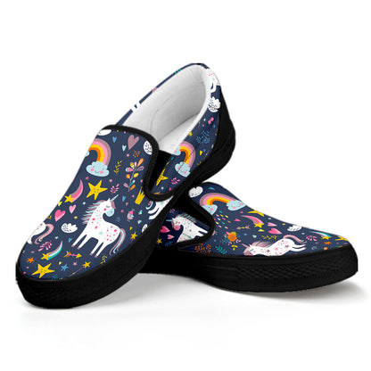 Unicorn Dream Cartoon Pattern Print Black Slip On Sneakers