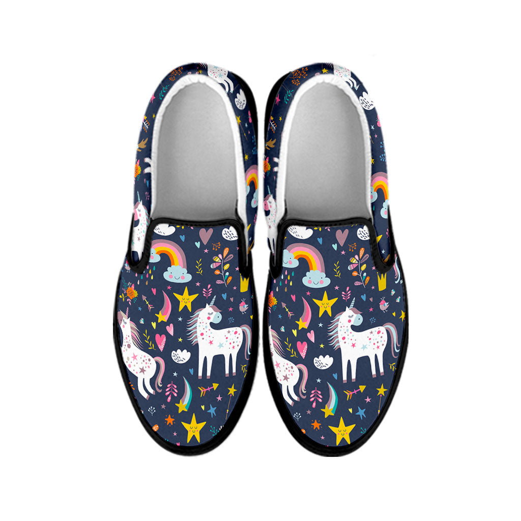Unicorn Dream Cartoon Pattern Print Black Slip On Sneakers