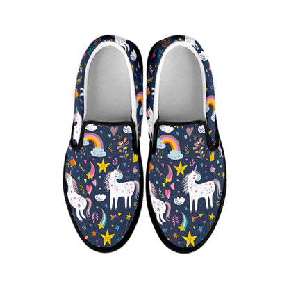 Unicorn Dream Cartoon Pattern Print Black Slip On Sneakers