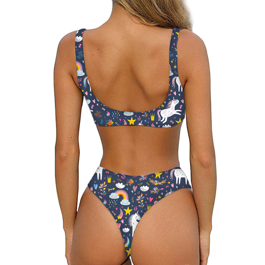 Unicorn Dream Cartoon Pattern Print Front Bow Tie Bikini