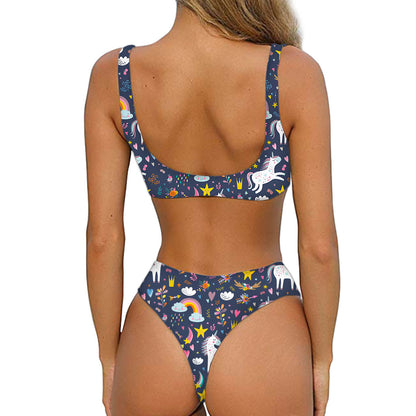 Unicorn Dream Cartoon Pattern Print Front Bow Tie Bikini