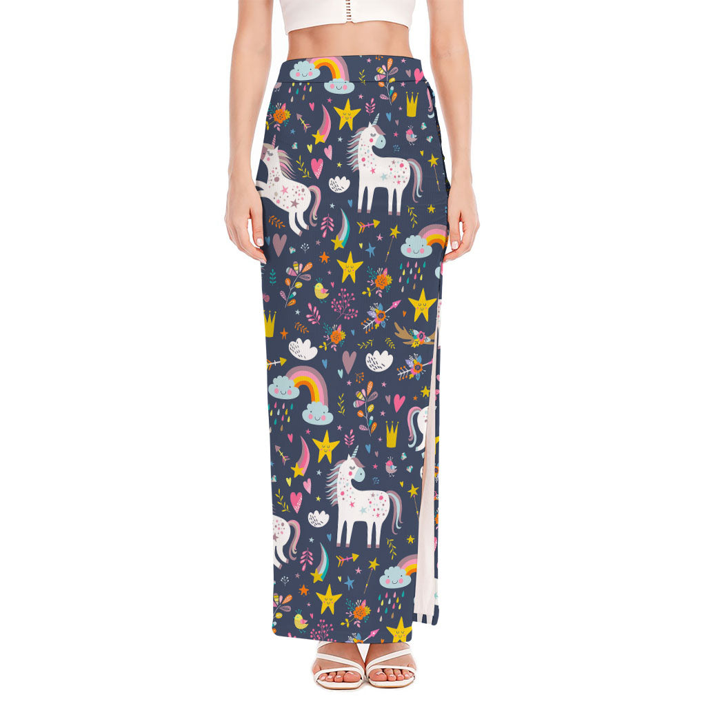 Unicorn Dream Cartoon Pattern Print High Slit Maxi Skirt