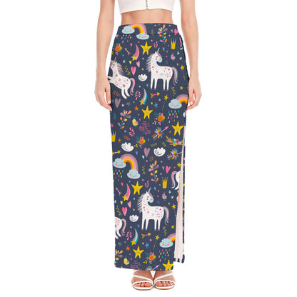 Unicorn Dream Cartoon Pattern Print High Slit Maxi Skirt