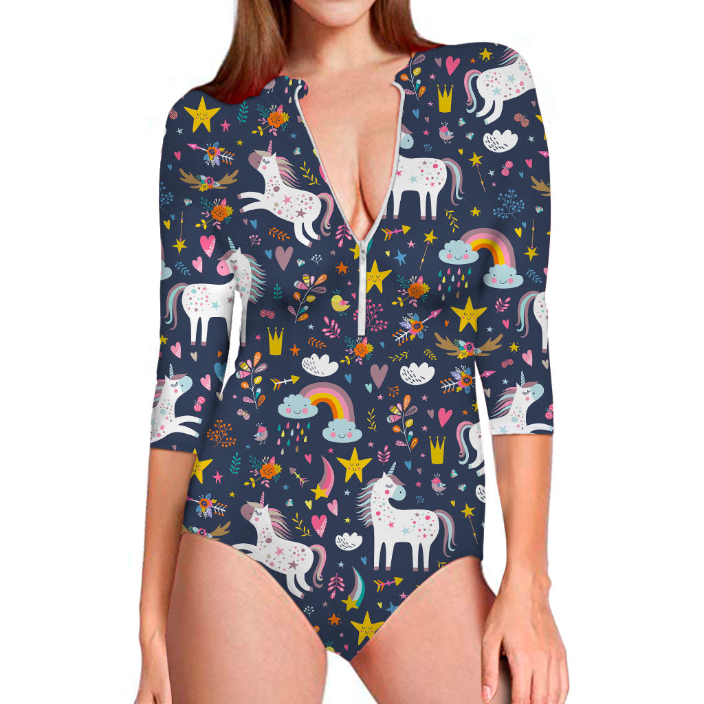 Unicorn Dream Cartoon Pattern Print Long Sleeve Swimsuit