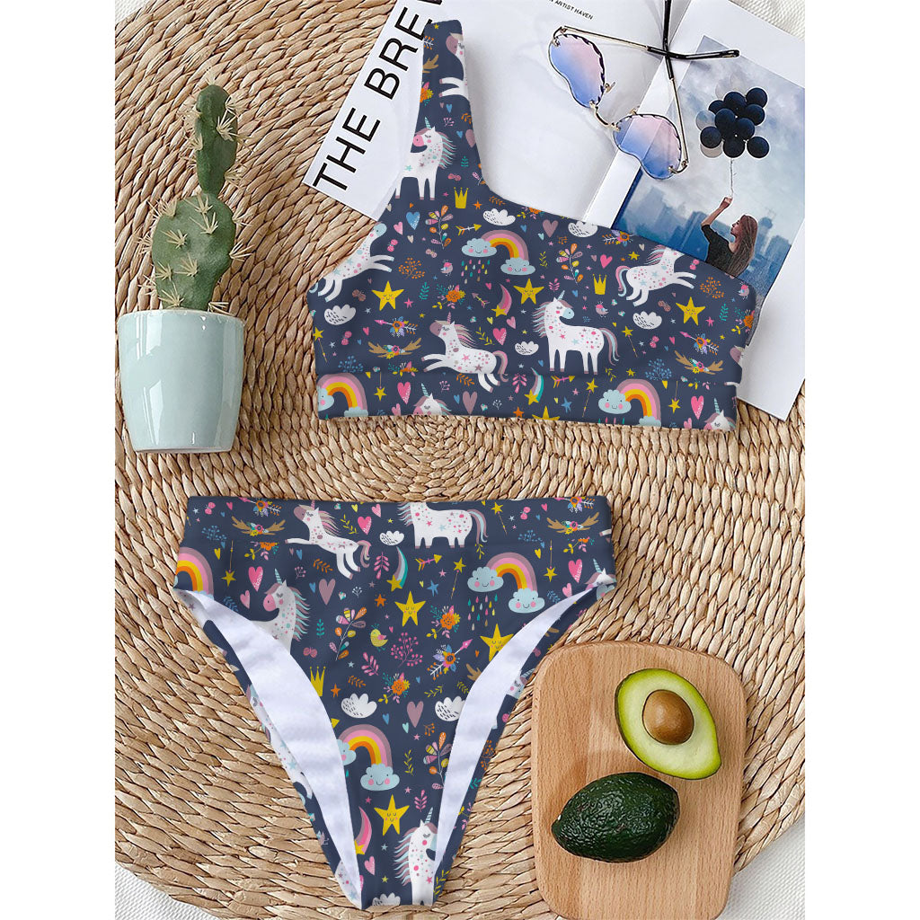 Unicorn Dream Cartoon Pattern Print One Shoulder Bikini Top