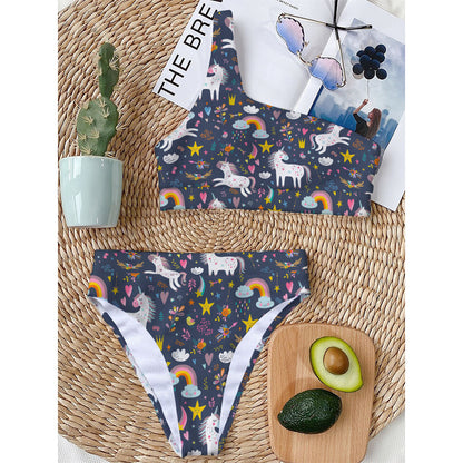 Unicorn Dream Cartoon Pattern Print One Shoulder Bikini Top