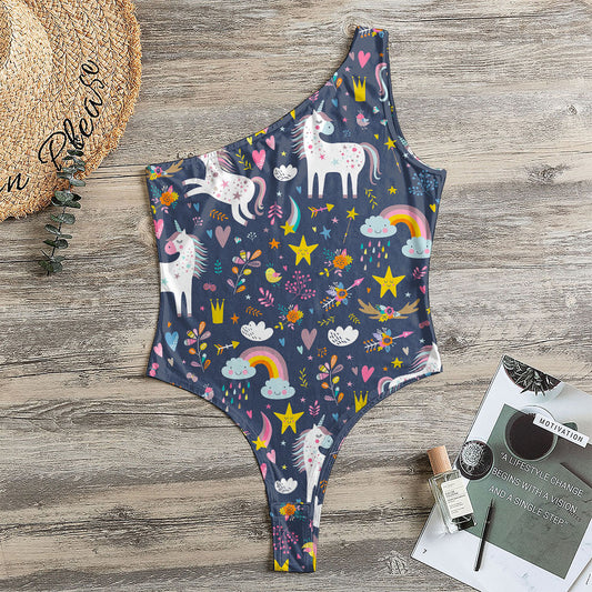 Unicorn Dream Cartoon Pattern Print One Shoulder Bodysuit