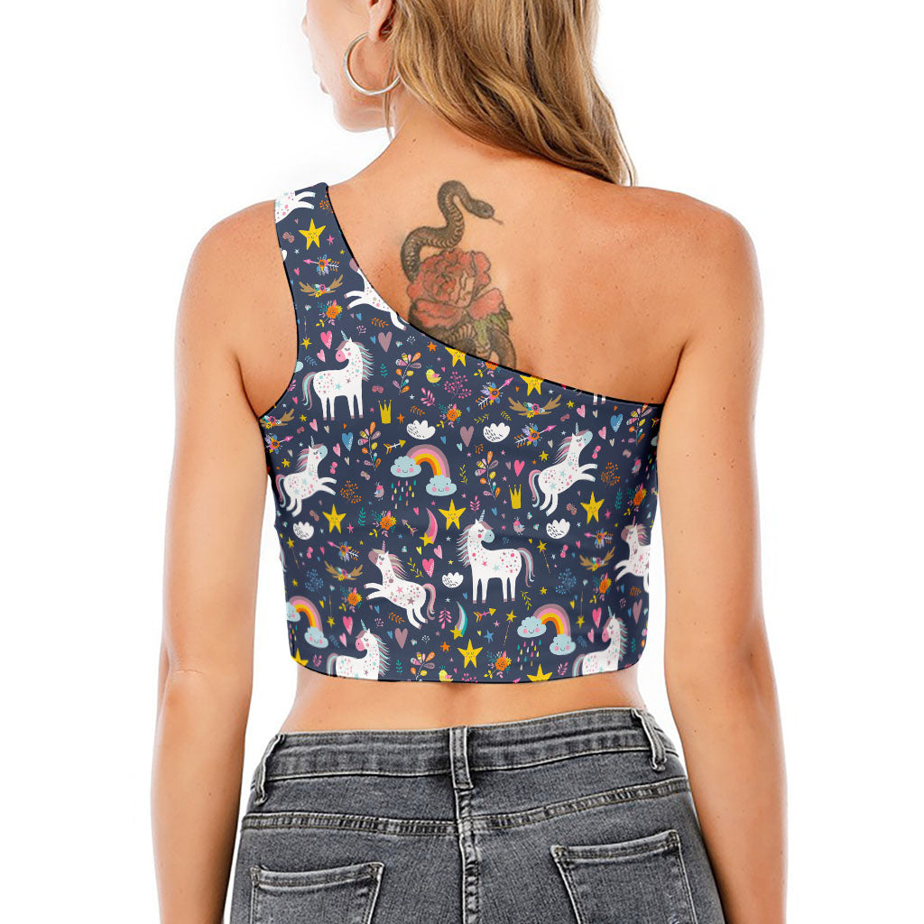 Unicorn Dream Cartoon Pattern Print One Shoulder Crop Top
