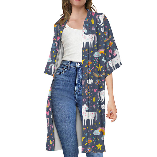 Unicorn Dream Cartoon Pattern Print Open Front Beach Cover Up