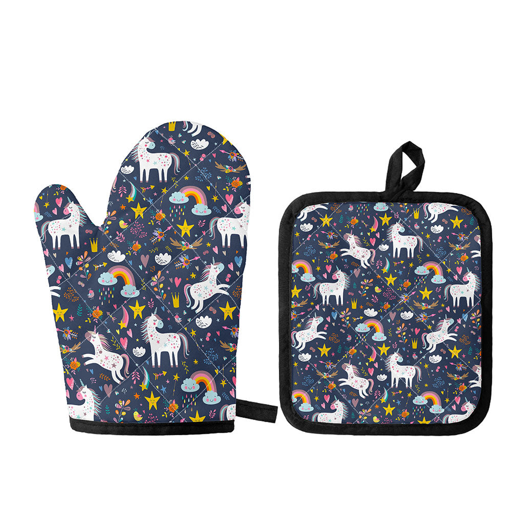 Unicorn Dream Cartoon Pattern Print Oven Mitt And Pot Holder Set