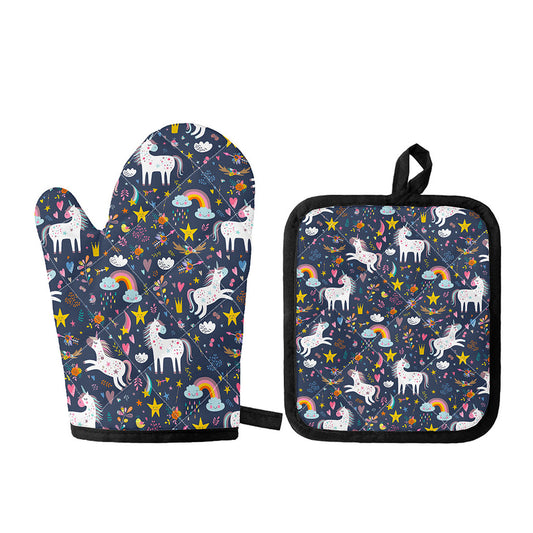 Unicorn Dream Cartoon Pattern Print Oven Mitt And Pot Holder Set
