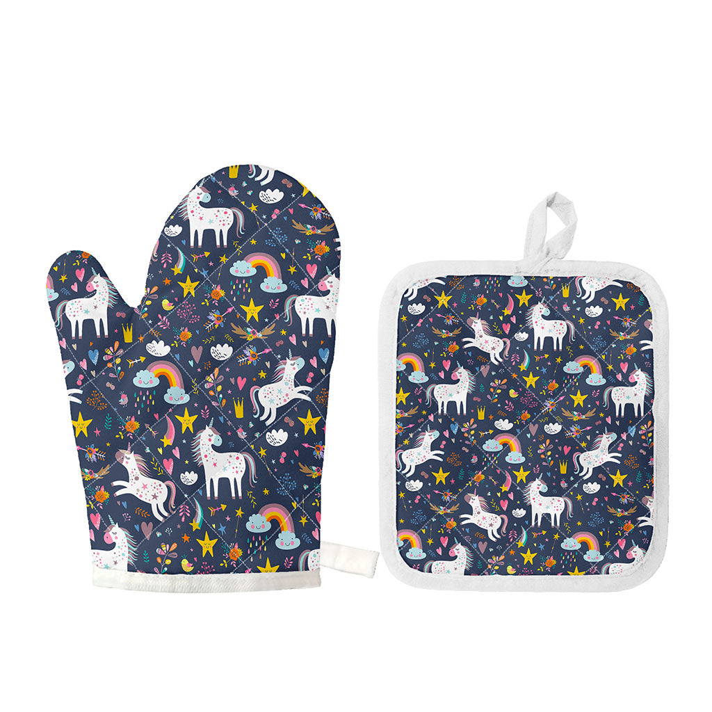 Unicorn Dream Cartoon Pattern Print Oven Mitt And Pot Holder Set