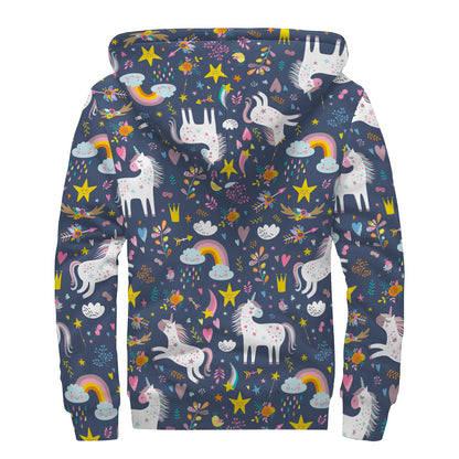 Unicorn Dream Cartoon Pattern Print Sherpa Lined Zip Up Hoodie