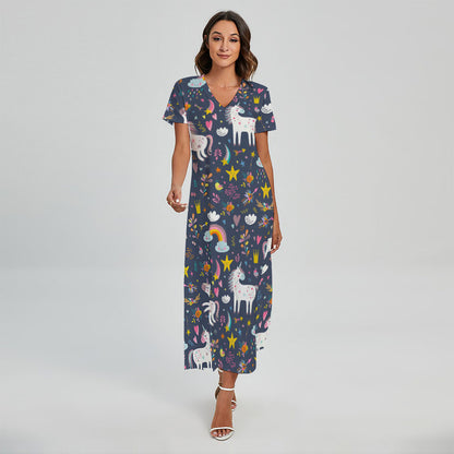 Unicorn Dream Cartoon Pattern Print Short Sleeve Maxi Dress