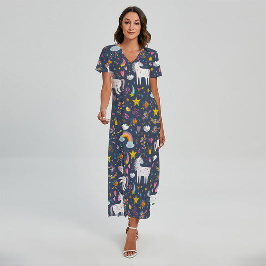 Unicorn Dream Cartoon Pattern Print Short Sleeve Maxi Dress