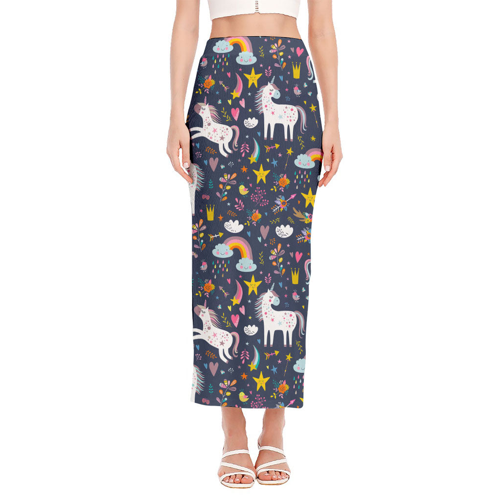 Unicorn Dream Cartoon Pattern Print Side Slit Maxi Skirt