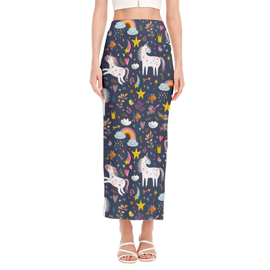 Unicorn Dream Cartoon Pattern Print Side Slit Maxi Skirt