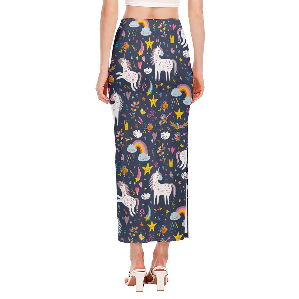 Unicorn Dream Cartoon Pattern Print Side Slit Maxi Skirt