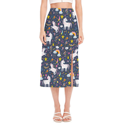 Unicorn Dream Cartoon Pattern Print Side Slit Midi Skirt