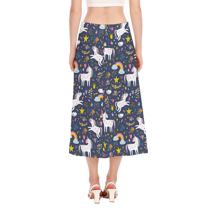 Unicorn Dream Cartoon Pattern Print Side Slit Midi Skirt