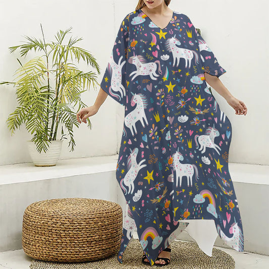 Unicorn Dream Cartoon Pattern Print Silk V-Neck Kaftan Dress