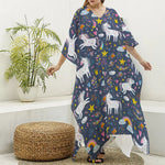 Unicorn Dream Cartoon Pattern Print Silk V-Neck Kaftan Dress