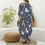 Unicorn Dream Cartoon Pattern Print Silk V-Neck Kaftan Dress