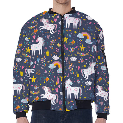 Unicorn Dream Cartoon Pattern Print Zip Sleeve Bomber Jacket